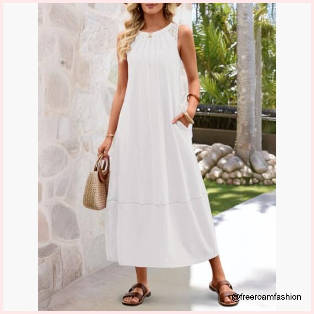 Summer Boho Maxi Dress Sleeveless Pleated Lace Hollow Out Beach Vacation - Picture 2 of 7